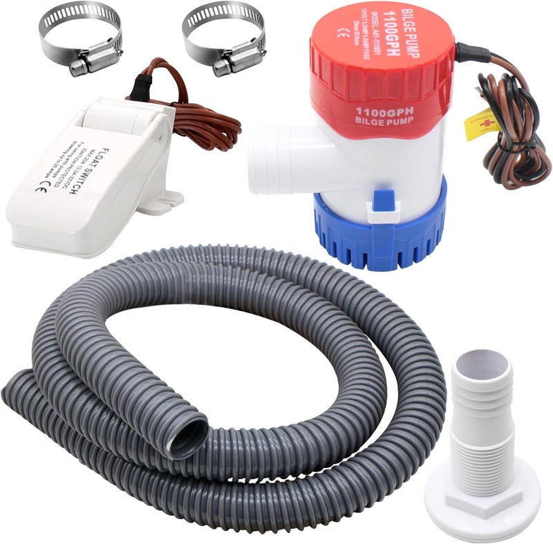 creatorele Bilge Pump Kit For Boats 12v, 1100 GPH Non-Automatic Pump Float Switch 12v 24 V 32 V with 1-1/8 Inch Plumbing Kit, Including Hose, Clamps, Thru Hull Connectors for Boats - Image 1